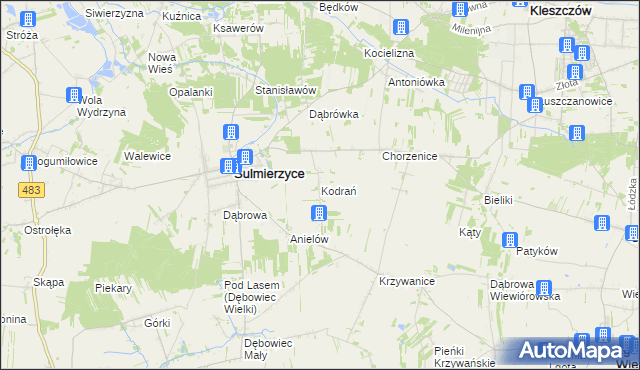 mapa Kodrań gmina Sulmierzyce, Kodrań gmina Sulmierzyce na mapie Targeo