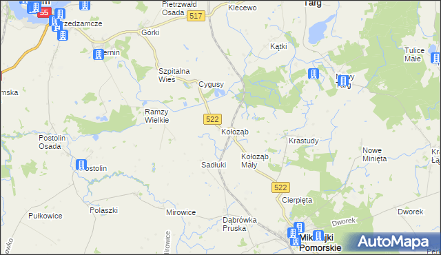 mapa Kołoząb gmina Mikołajki Pomorskie, Kołoząb gmina Mikołajki Pomorskie na mapie Targeo