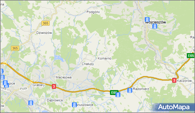 mapa Komarno gmina Janowice Wielkie, Komarno gmina Janowice Wielkie na mapie Targeo