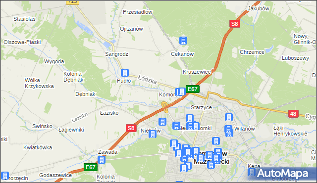 mapa Komorów gmina Tomaszów Mazowiecki, Komorów gmina Tomaszów Mazowiecki na mapie Targeo