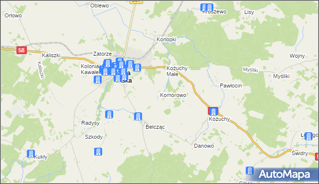 mapa Komorowo gmina Biała Piska, Komorowo gmina Biała Piska na mapie Targeo