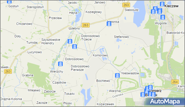 mapa Komorowo gmina Kazimierz Biskupi, Komorowo gmina Kazimierz Biskupi na mapie Targeo