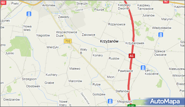 mapa Konary gmina Krzyżanów, Konary gmina Krzyżanów na mapie Targeo