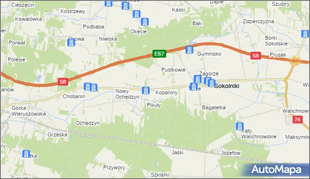 mapa Kopaniny gmina Sokolniki, Kopaniny gmina Sokolniki na mapie Targeo