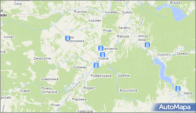 mapa Kopcie gmina Dzikowiec, Kopcie gmina Dzikowiec na mapie Targeo