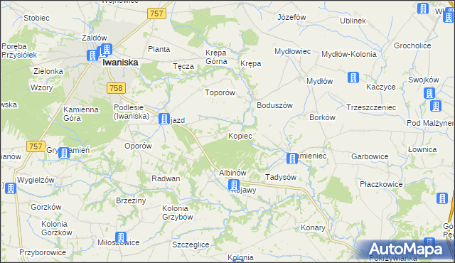 mapa Kopiec gmina Iwaniska, Kopiec gmina Iwaniska na mapie Targeo