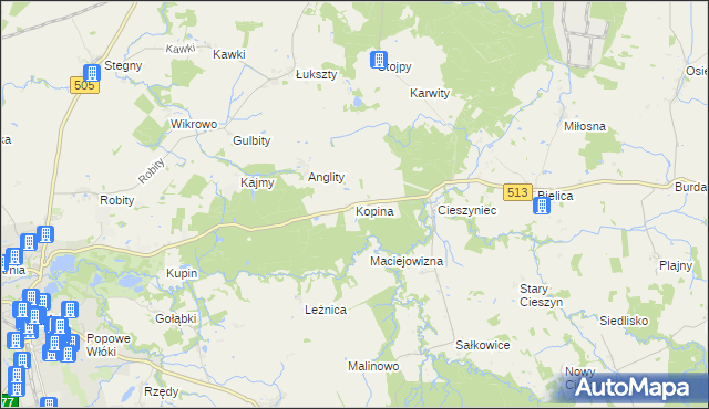 mapa Kopina gmina Pasłęk, Kopina gmina Pasłęk na mapie Targeo