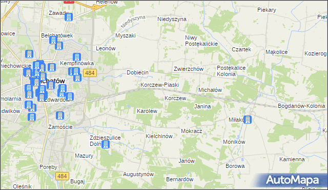 mapa Korczew gmina Bełchatów, Korczew gmina Bełchatów na mapie Targeo