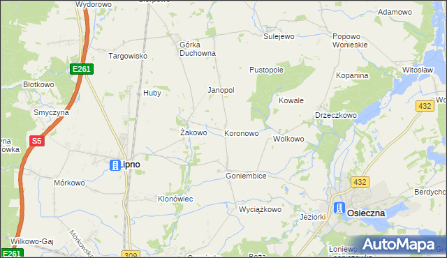 mapa Koronowo gmina Lipno, Koronowo gmina Lipno na mapie Targeo