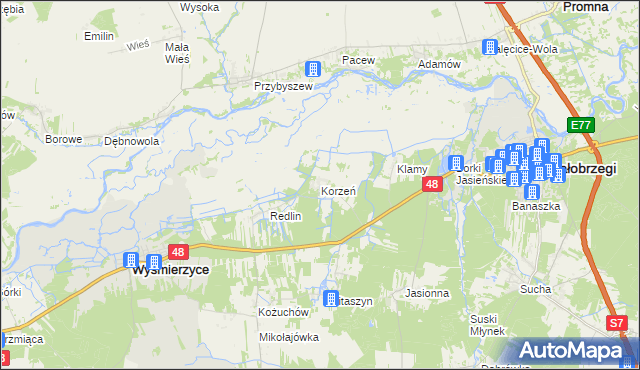 mapa Korzeń gmina Wyśmierzyce, Korzeń gmina Wyśmierzyce na mapie Targeo