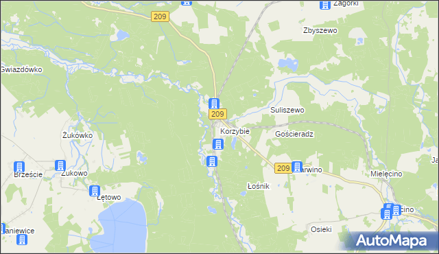 mapa Korzybie gmina Kępice, Korzybie gmina Kępice na mapie Targeo