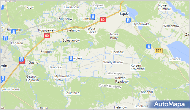 mapa Kościuszków gmina Łąck, Kościuszków gmina Łąck na mapie Targeo