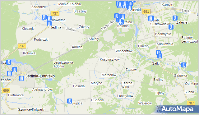 mapa Kościuszków gmina Pionki, Kościuszków gmina Pionki na mapie Targeo