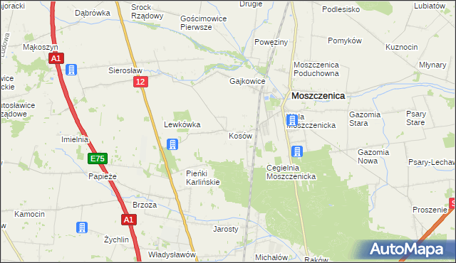 mapa Kosów gmina Moszczenica, Kosów gmina Moszczenica na mapie Targeo