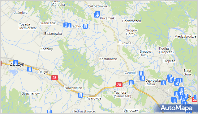 mapa Kostarowce, Kostarowce na mapie Targeo