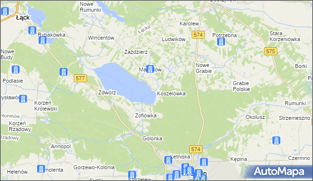 mapa Koszelówka gmina Łąck, Koszelówka gmina Łąck na mapie Targeo