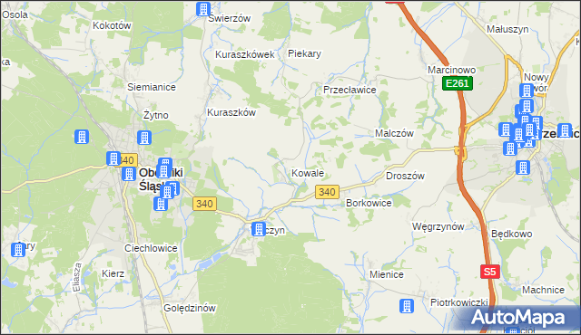 mapa Kowale gmina Oborniki Śląskie, Kowale gmina Oborniki Śląskie na mapie Targeo