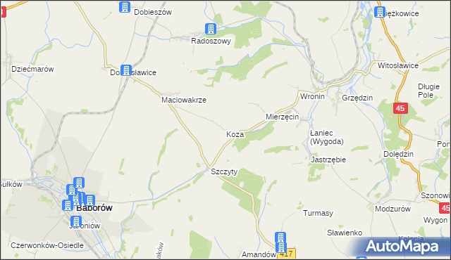 mapa Koza gmina Polska Cerekiew, Koza gmina Polska Cerekiew na mapie Targeo