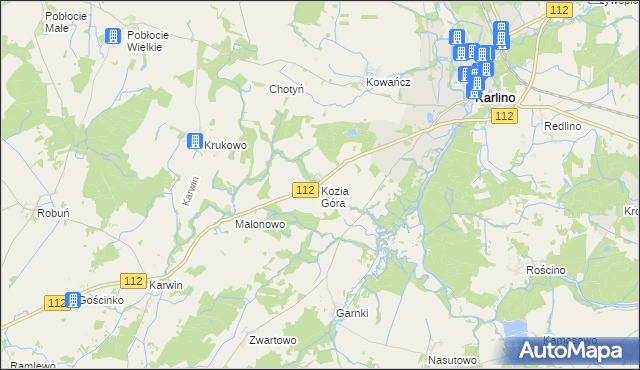 mapa Kozia Góra gmina Karlino, Kozia Góra gmina Karlino na mapie Targeo