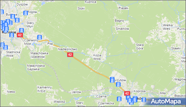 mapa Kozia Wola gmina Stąporków, Kozia Wola gmina Stąporków na mapie Targeo