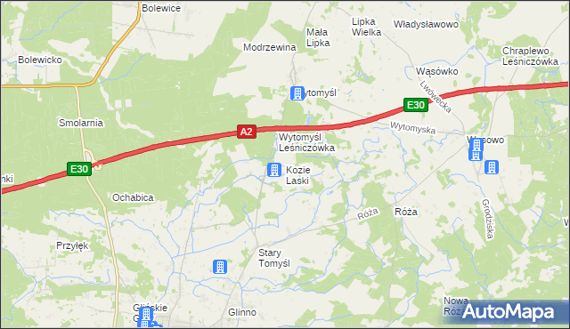 mapa Kozie Laski gmina Nowy Tomyśl, Kozie Laski gmina Nowy Tomyśl na mapie Targeo