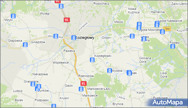 mapa Koziegłówki, Koziegłówki na mapie Targeo