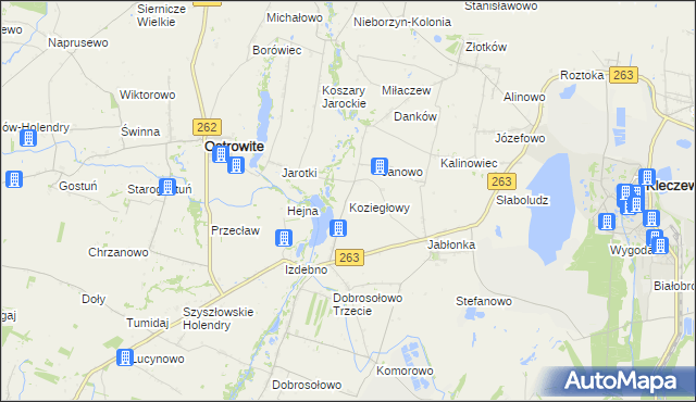 mapa Koziegłowy gmina Kleczew, Koziegłowy gmina Kleczew na mapie Targeo