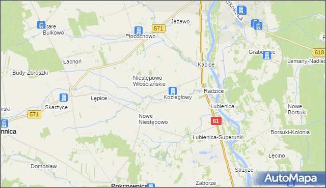 mapa Koziegłowy gmina Pokrzywnica, Koziegłowy gmina Pokrzywnica na mapie Targeo