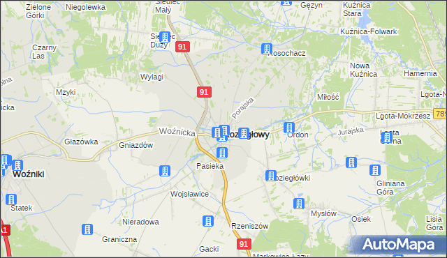 mapa Koziegłowy powiat myszkowski, Koziegłowy powiat myszkowski na mapie Targeo