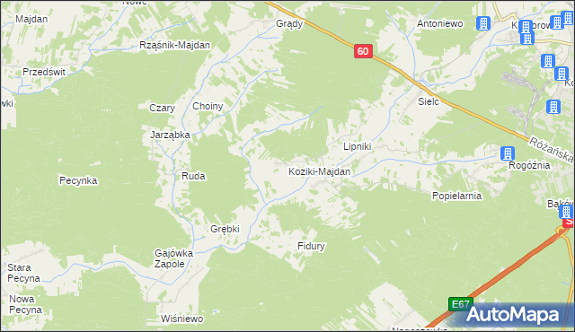 mapa Koziki-Majdan, Koziki-Majdan na mapie Targeo