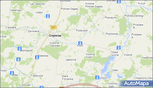 mapa Kózki gmina Grębków, Kózki gmina Grębków na mapie Targeo