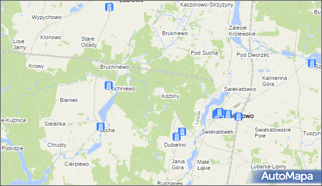 mapa Koźliny gmina Lubiewo, Koźliny gmina Lubiewo na mapie Targeo