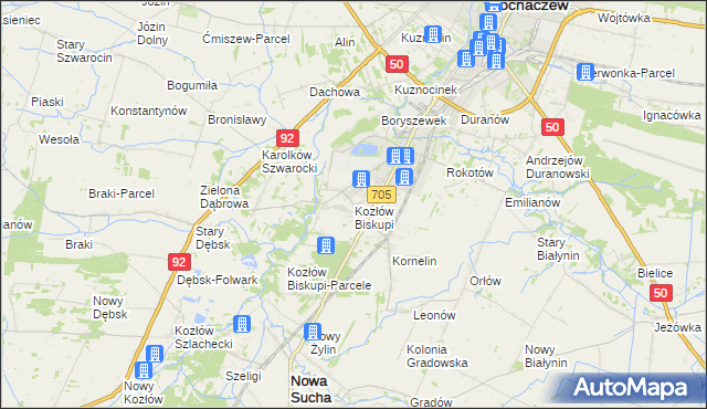 mapa Kozłów Biskupi, Kozłów Biskupi na mapie Targeo