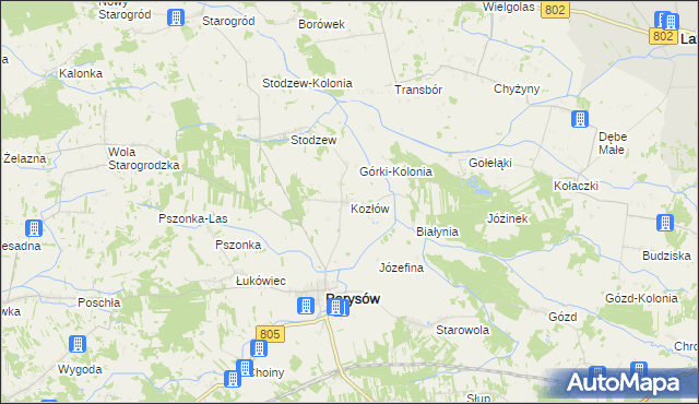 mapa Kozłów gmina Parysów, Kozłów gmina Parysów na mapie Targeo