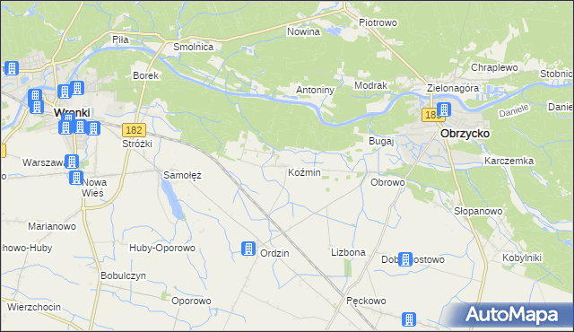 mapa Koźmin gmina Obrzycko, Koźmin gmina Obrzycko na mapie Targeo