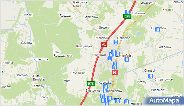 mapa Koźniewice, Koźniewice na mapie Targeo