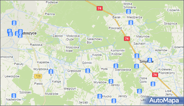 mapa Kozów gmina Smyków, Kozów gmina Smyków na mapie Targeo