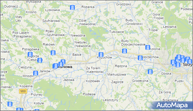 mapa Kożuchów gmina Wiśniowa, Kożuchów gmina Wiśniowa na mapie Targeo