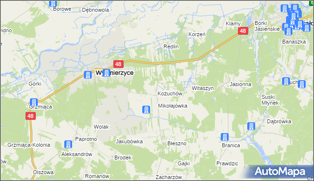 mapa Kożuchów gmina Wyśmierzyce, Kożuchów gmina Wyśmierzyce na mapie Targeo