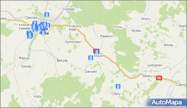 mapa Kożuchy, Kożuchy na mapie Targeo