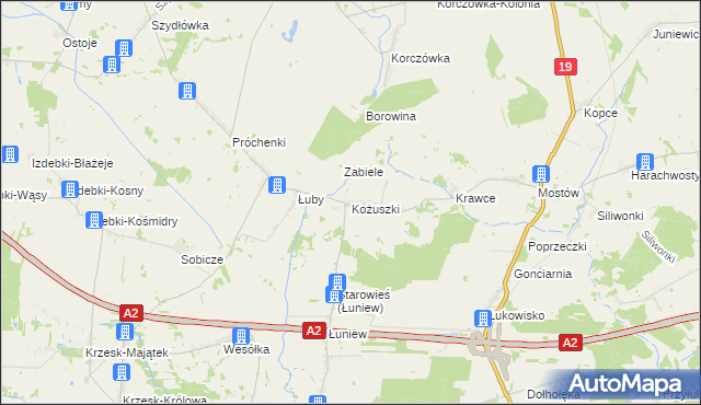 mapa Kożuszki gmina Międzyrzec Podlaski, Kożuszki gmina Międzyrzec Podlaski na mapie Targeo