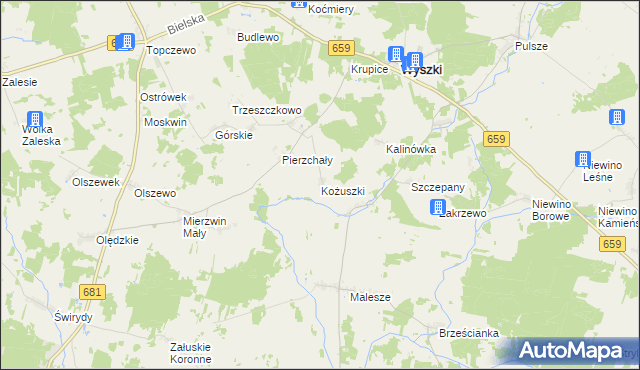 mapa Kożuszki gmina Wyszki, Kożuszki gmina Wyszki na mapie Targeo