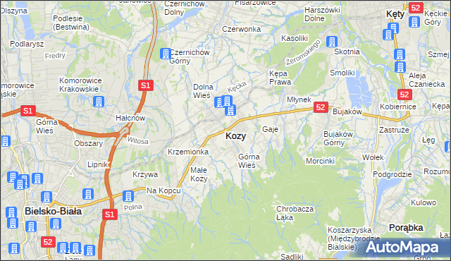 mapa Kozy powiat bielski, Kozy powiat bielski na mapie Targeo