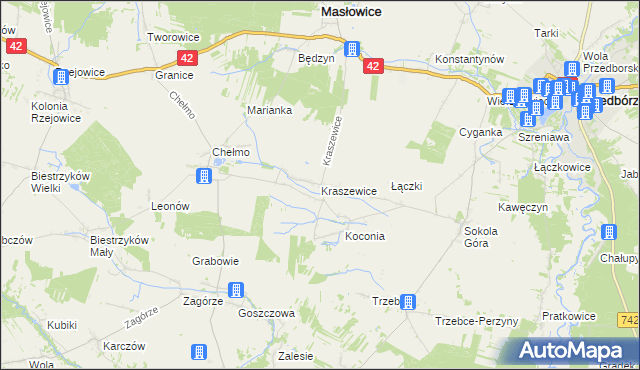 mapa Kraszewice gmina Masłowice, Kraszewice gmina Masłowice na mapie Targeo