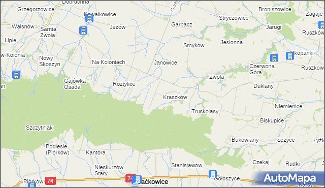mapa Kraszków gmina Waśniów, Kraszków gmina Waśniów na mapie Targeo