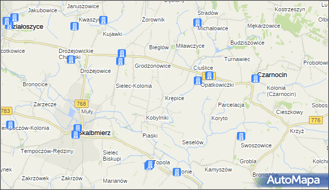 mapa Krępice gmina Skalbmierz, Krępice gmina Skalbmierz na mapie Targeo