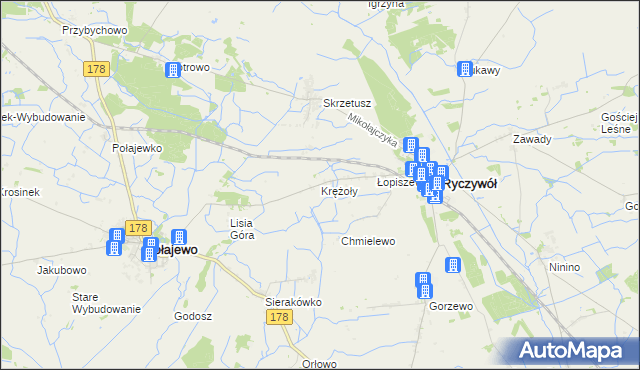 mapa Krężoły gmina Ryczywół, Krężoły gmina Ryczywół na mapie Targeo