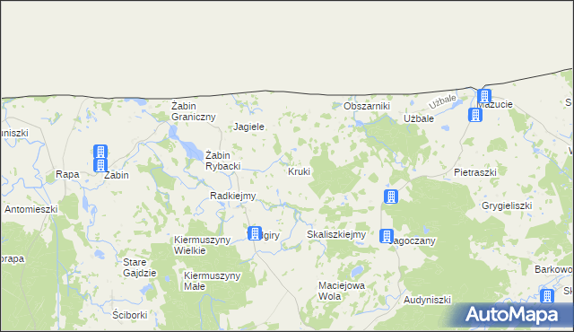 mapa Kruki gmina Banie Mazurskie, Kruki gmina Banie Mazurskie na mapie Targeo