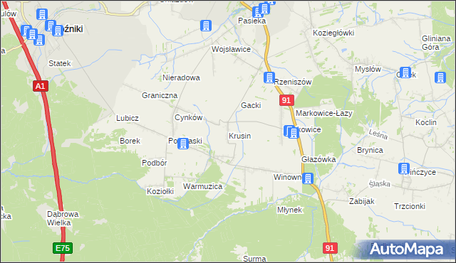 mapa Krusin gmina Koziegłowy, Krusin gmina Koziegłowy na mapie Targeo