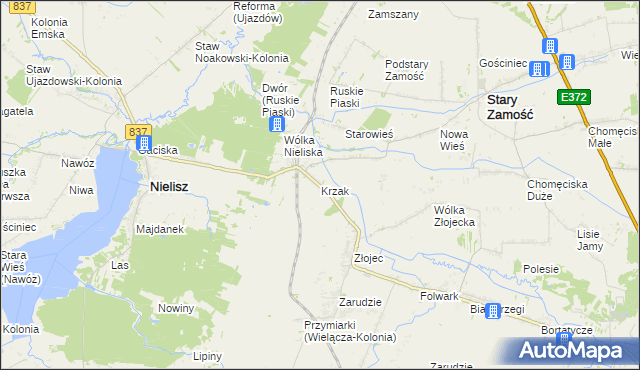 mapa Krzak gmina Nielisz, Krzak gmina Nielisz na mapie Targeo